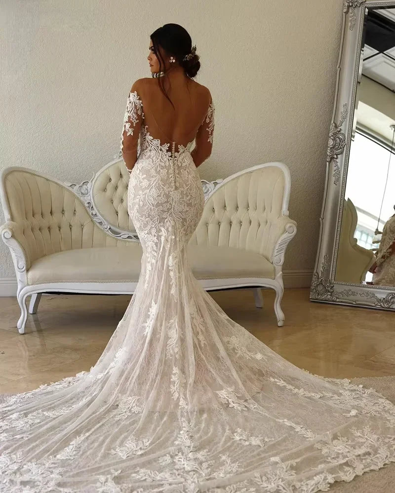 Charming Sheer O-neck Mermaid Wedding Dresses Long Sleeves Appliques Backless Bridal Gown vestido de novia Custom Size