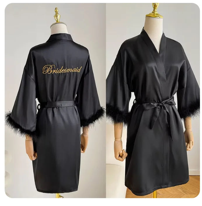 Wedding Bride Bridesmaid Robe Satin Kimono Intimate Lingerie Lady Sexy Feather Sleeve Bathrobe Nightgown Short Sleepwear Onesize