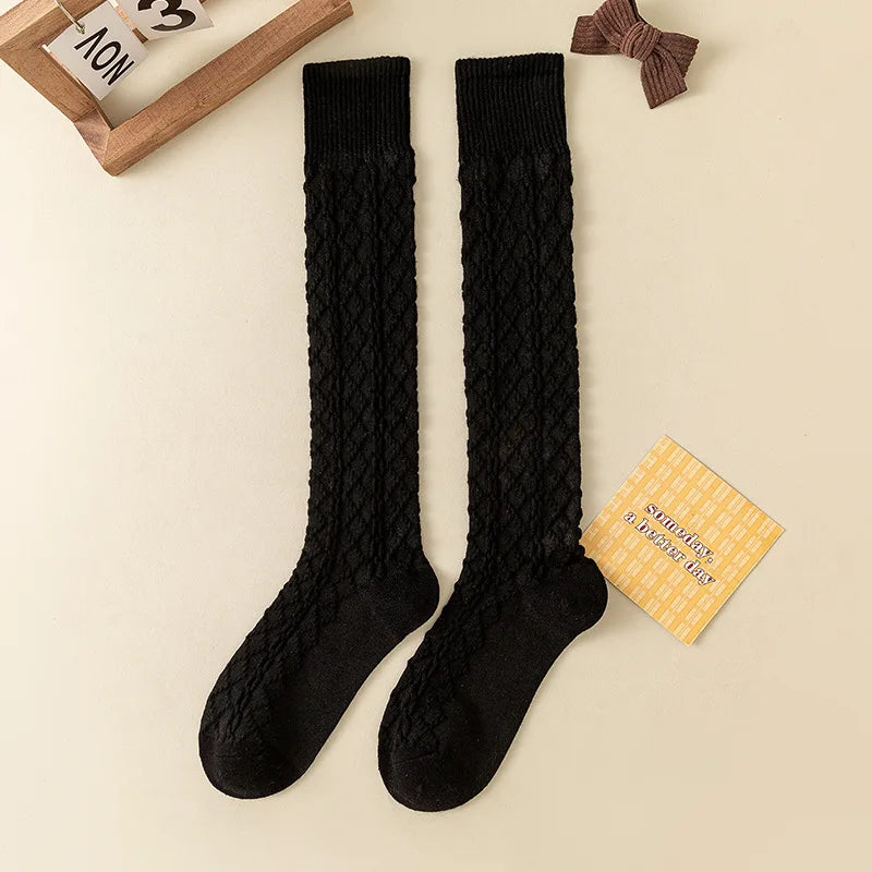 Autumn Winter Japanese Retro Cream White Wool Twisted Anti-Slip Calf Socks Beige Slimming Versatile Mid-Calf Socks