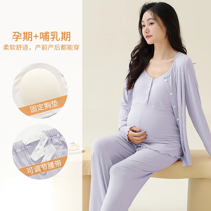 Modal Maternity Nursing Robe Set 3 Piece Postpartum Breastfeeding Pajamas with Chest Pads Hospital Labor Delivery Pregnancy Pjs