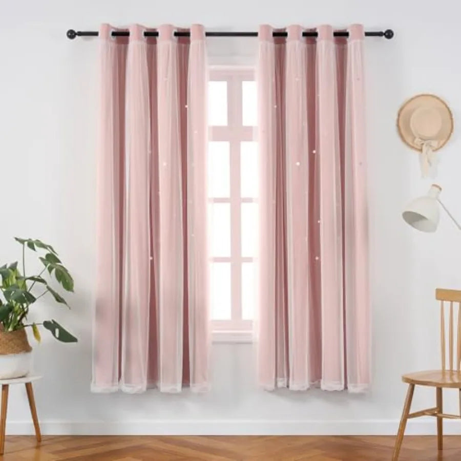 Curtains Blackout for Girls Room - Aesthetic Star Cutout Double Layer with White Sheer Overlay, 63 Inch Length 2 Panels Cute Cu
