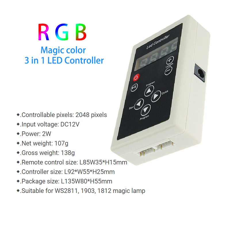 RF LED Controller 2 Port 2048 Pixel DC12V with 8 Key Remote Control for Addressable WS2811 1903 1812 RGB Magic Color Light Strip