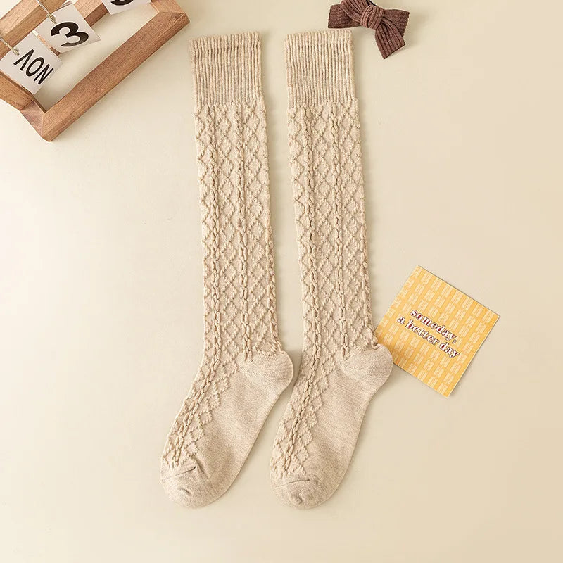 Autumn Winter Japanese Retro Cream White Wool Twisted Anti-Slip Calf Socks Beige Slimming Versatile Mid-Calf Socks
