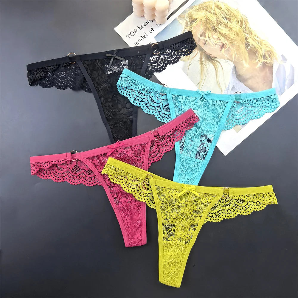 4Pcs Sexy Lace Thong Panties Women Low Rise Transparent Lingerie Set Plus Size