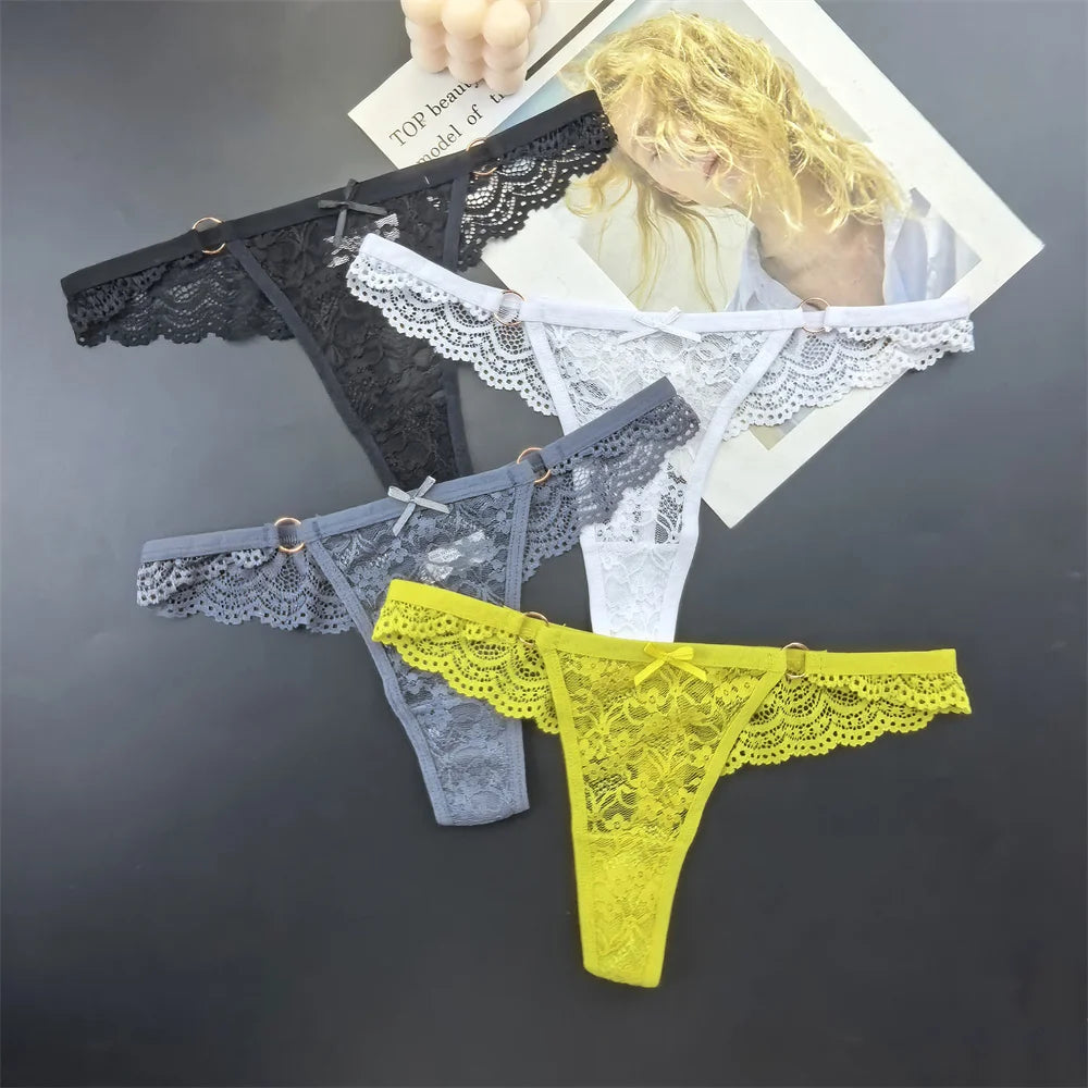 4Pcs Sexy Lace Thong Panties Women Low Rise Transparent Lingerie Set Plus Size