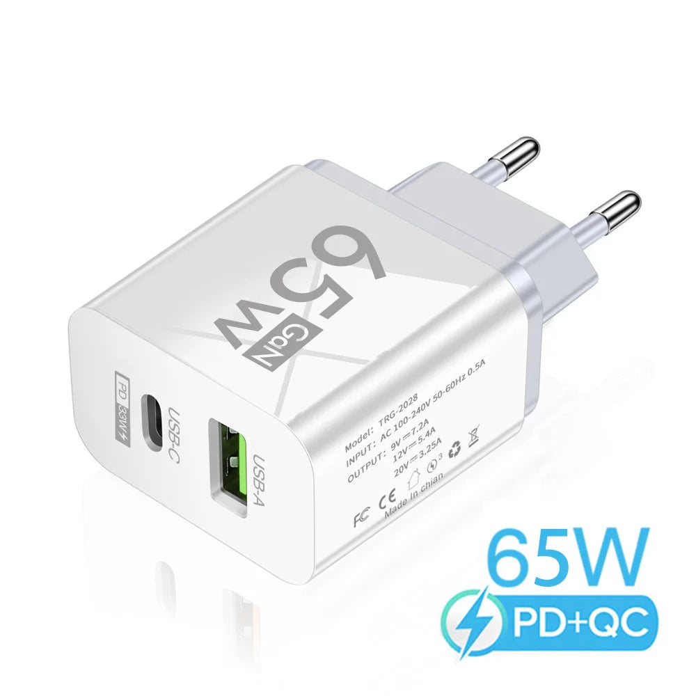 PD 65W GaN Type C USB Mobile Phone Charger Fast Charging Power Adapter For iPhone Samsung Hawei Xiaomi Quick Charge Wall Charger
