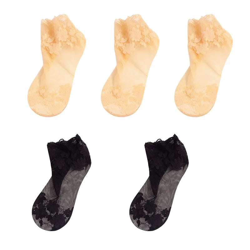 5Pairs Women's Floral Lace Socks Transparent Lolita Invisible Summer Breathable Invisible Crew Sock Summer Lolita Thin Ankle Sox