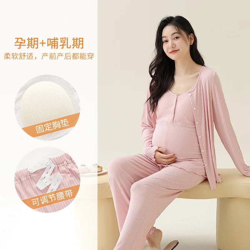 Modal Maternity Nursing Robe Set 3 Piece Postpartum Breastfeeding Pajamas with Chest Pads Hospital Labor Delivery Pregnancy Pjs