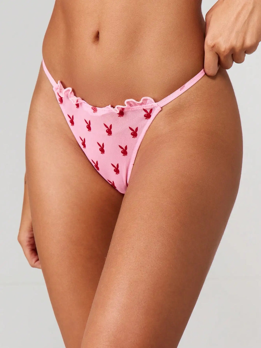 Pink Ruffle Trim Plunge Balconette Bikini Set with Animal Motif Print and Tie-Side Bottoms