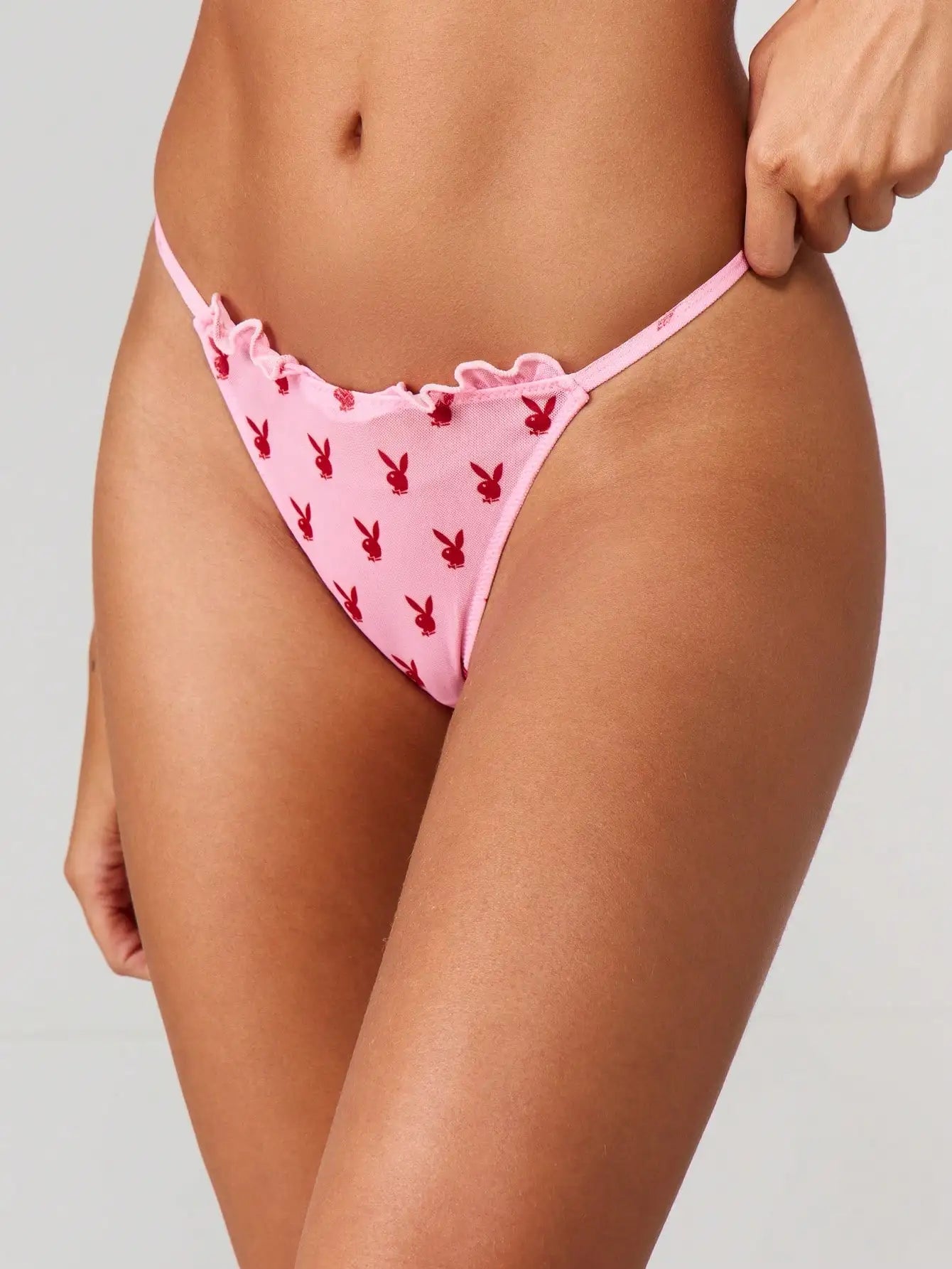 Pink Ruffle Trim Plunge Balconette Bikini Set with Animal Motif Print and Tie-Side Bottoms
