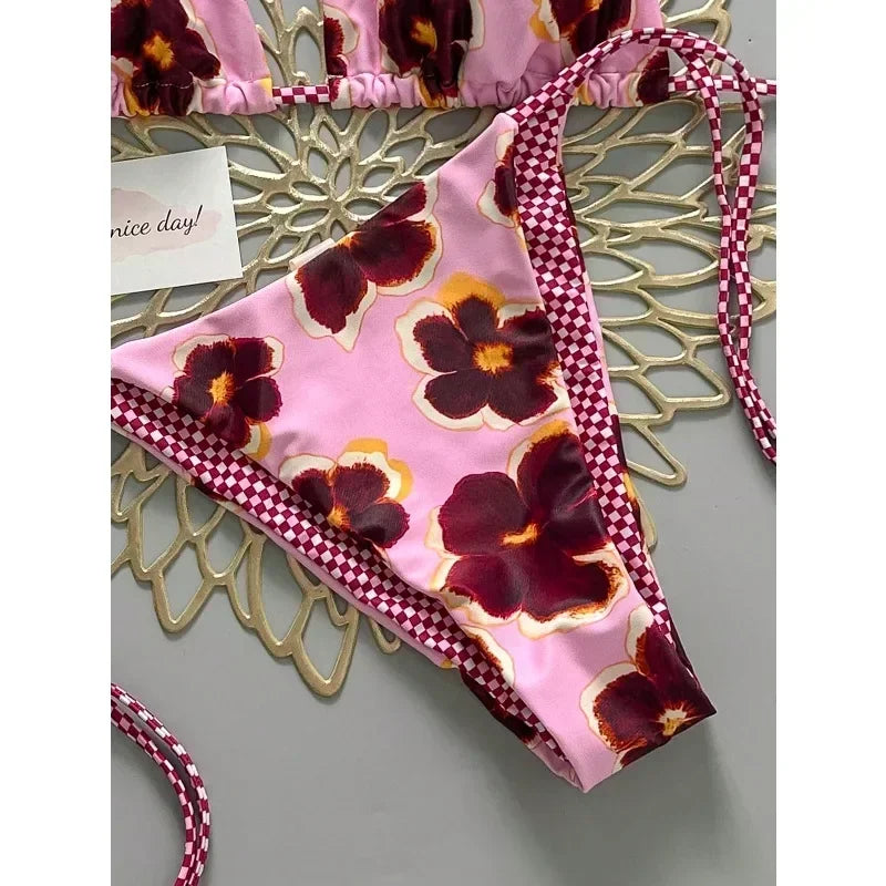 Vintage floral checked print women's bikini swimwear, suitable for spring and summer vacation beaches, poolsiv