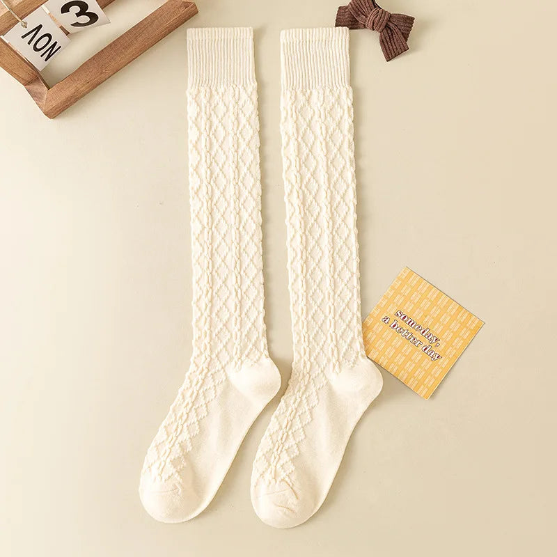 Autumn Winter Japanese Retro Cream White Wool Twisted Anti-Slip Calf Socks Beige Slimming Versatile Mid-Calf Socks