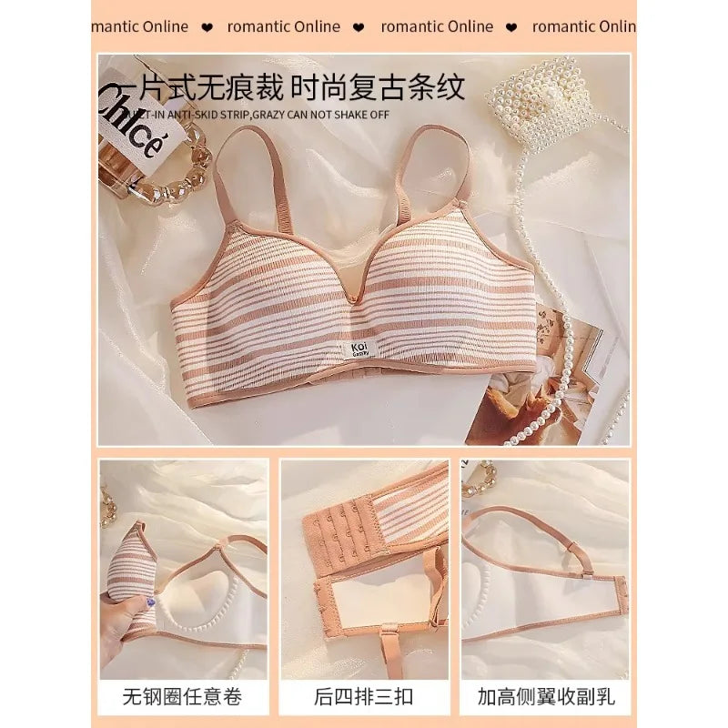 Modest Full Coverage Striped Push Up Bra for Women Small Chest Thick Padding Mastectomy Cup Anti Sagging Seamless Luxury Bra sAB