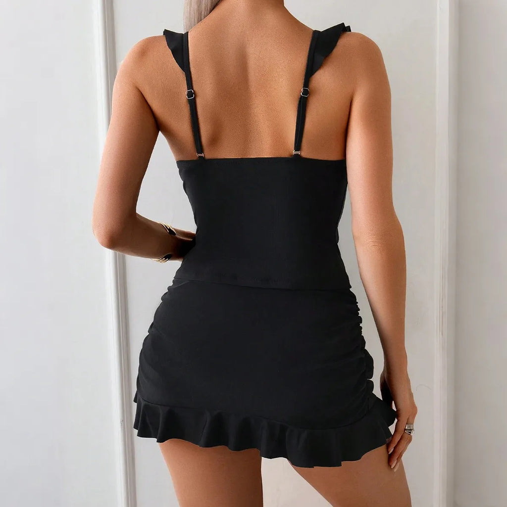 Sexy Women Lingerie Bikini Crop Top Ruffle Bikinis V Neck Strap Back Swimsuit Solid Black Two Piece Swimsuit