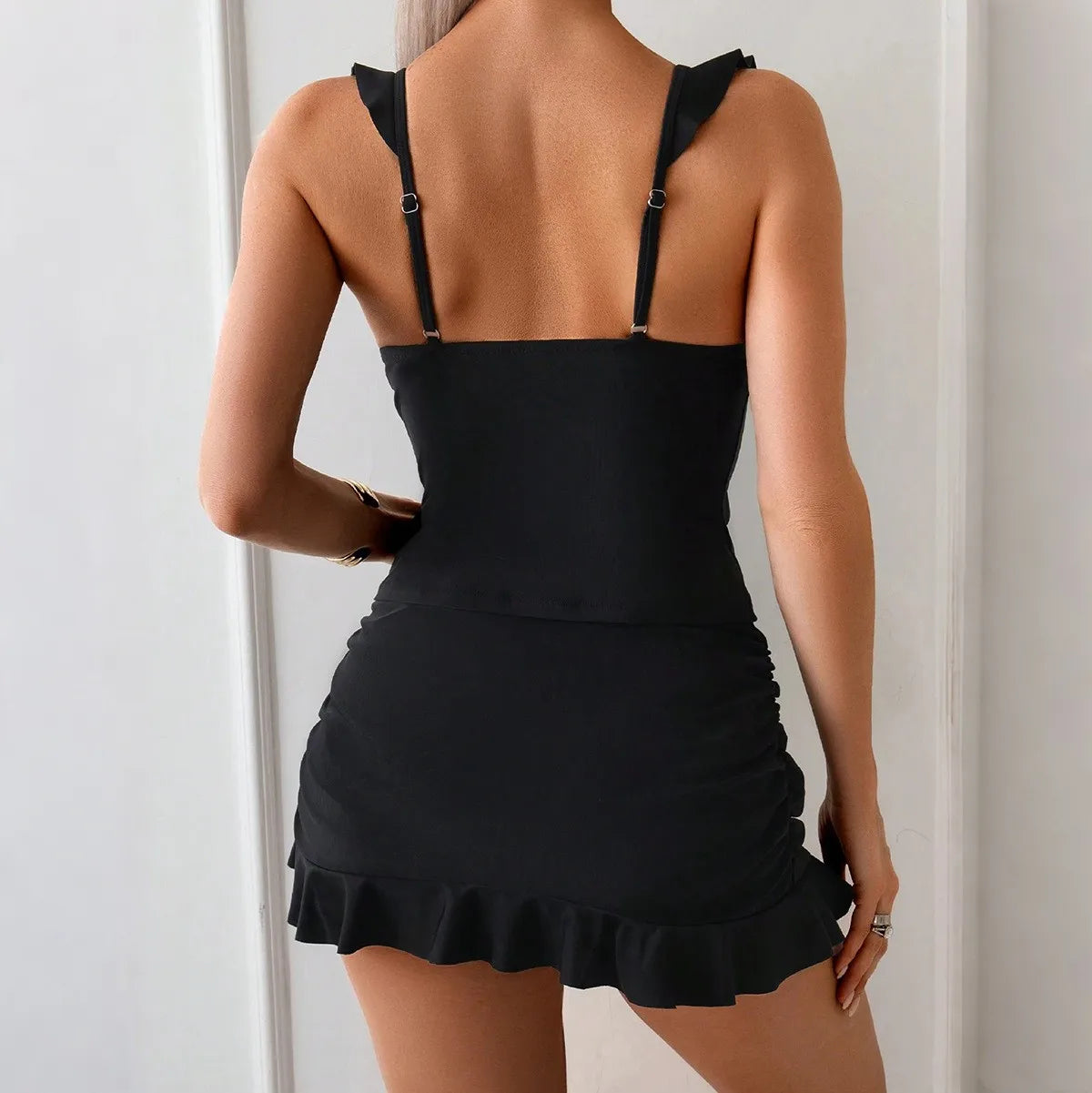 Sexy Women Lingerie Bikini Crop Top Ruffle Bikinis V Neck Strap Back Swimsuit Solid Black Two Piece Swimsuit