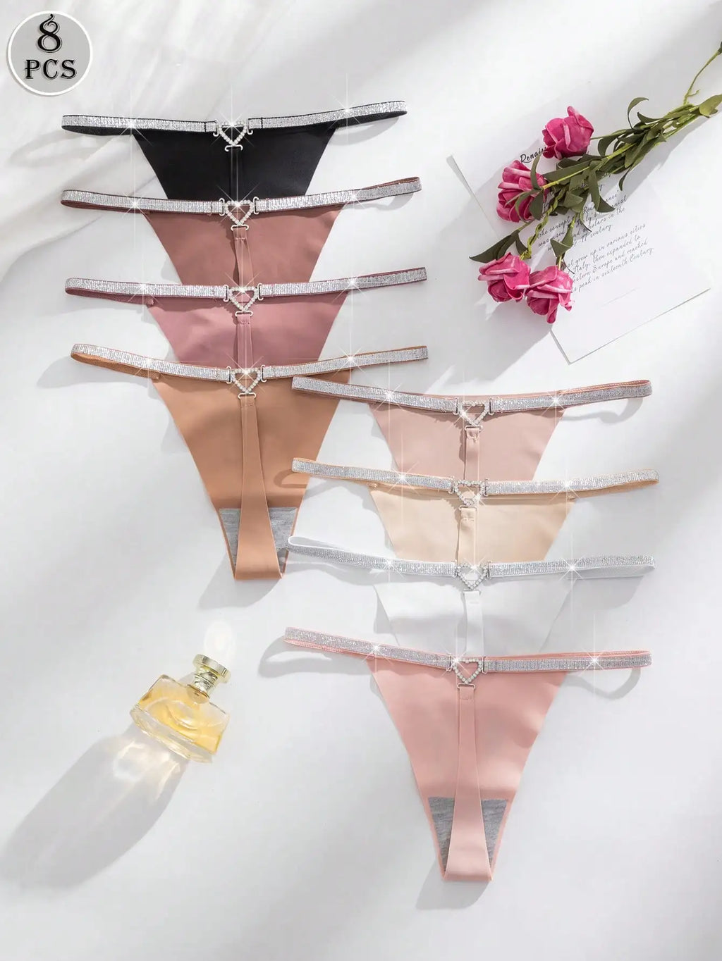 8pcs Multicolor Seamless Thong Panties with Heart Rhinestone Waistband