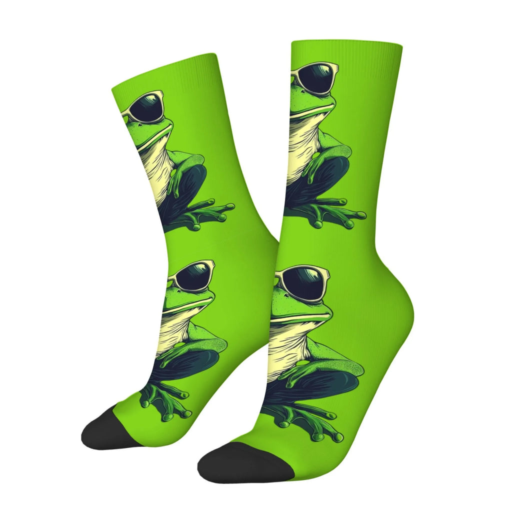 Eye-Catching Frog Socks Neon Green with Cool Sunglasses Print Funny Comfortable Crew Socks Novelty Gift for Teens Adults