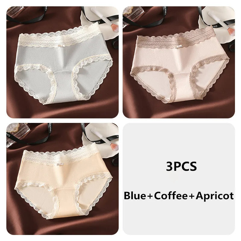 3PCS Women's Panties French Lace Mid-rise Panties Sexy Breathable Pure Cotton Underwear Soft Comfortable Briefs Intimates