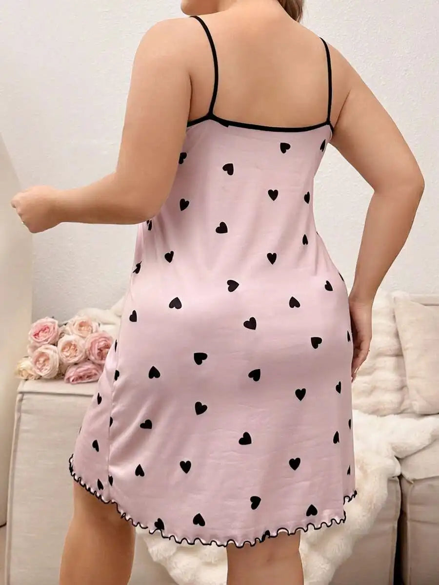 Plus Size Pink Heart Print Camisole Nightgown with Black Trim and Ruffled Hem