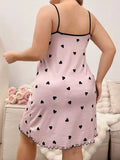 Plus Size Pink Heart Print Camisole Nightgown with Black Trim and Ruffled Hem