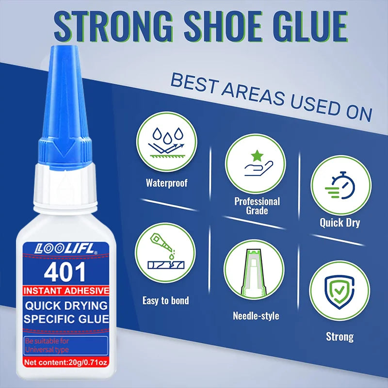 Brand-new upgraded 401 super cyanoacrylate glue, instant drying in 5 seconds, waterproof, stable and versatile bonding tool.