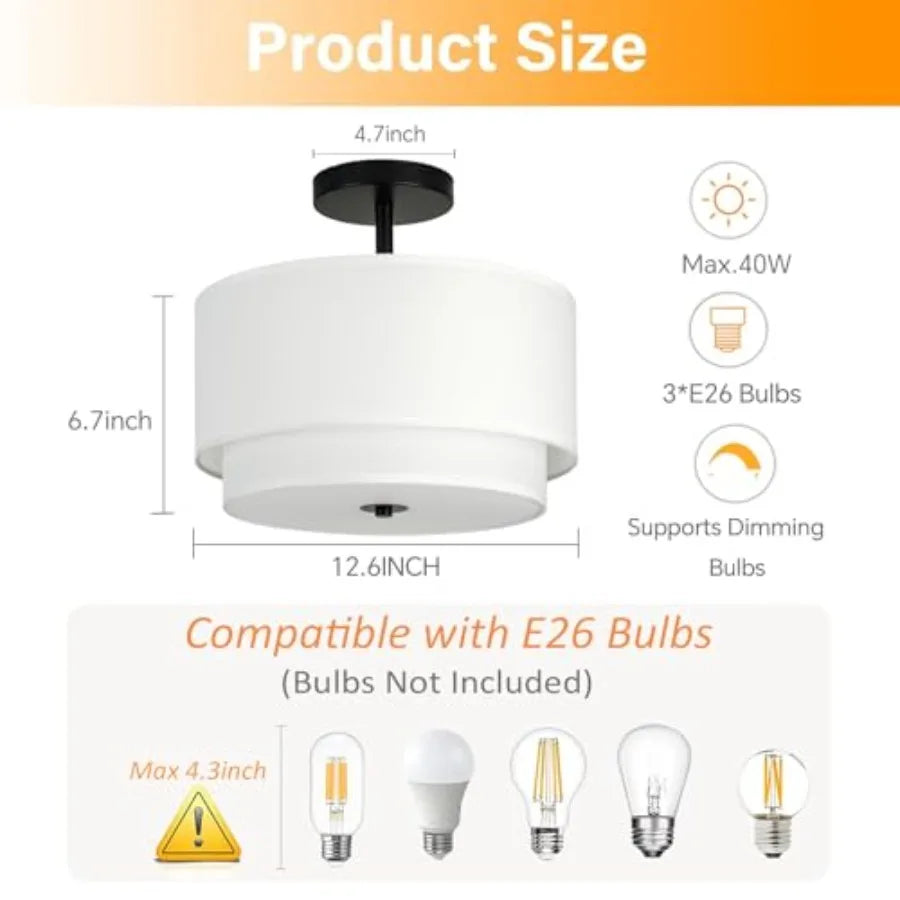 3-Light Semi Flush Mount Ceiling Light Fixture, 12.6inch Modern Close to Ceiling Light with 2-Layer Drum Shade, Entryway Light