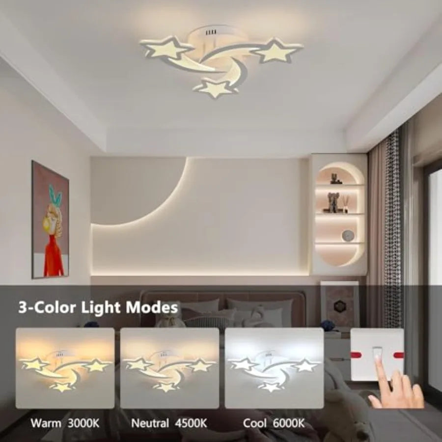 room Ceiling Light, 3 Light Mode 3000K/4500K/6000K White Acrylic Close to Ceiling Light Fixtures, Stars Cartoon Flush Mount Cei