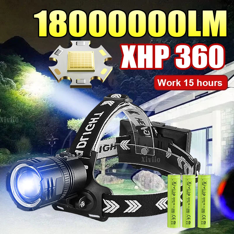 18000000LM  XHP360 Headlamp High Power Front Lantern Rechargeable Headlight 18650 Head Flashlight Camping Fishing Head Lantern