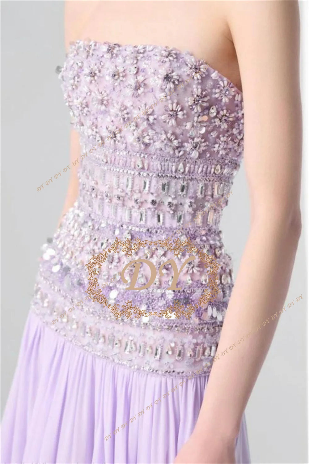 DY Luxury Strapless Lilac Beaded Bodice Evening Dress with Flowing Skirt Chiffon Dubai Wedding Party Gown 2026 Customized