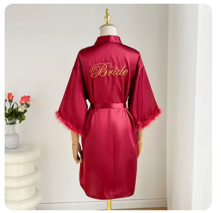 Wedding Bride Bridesmaid Robe Satin Kimono Intimate Lingerie Lady Sexy Feather Sleeve Bathrobe Nightgown Short Sleepwear Onesize