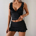 Sexy Women Lingerie Bikini Crop Top Ruffle Bikinis V Neck Strap Back Swimsuit Solid Black Two Piece Swimsuit