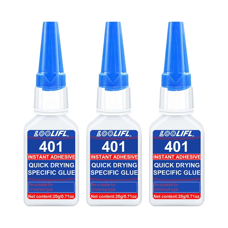Brand-new upgraded 401 super cyanoacrylate glue, instant drying in 5 seconds, waterproof, stable and versatile bonding tool.