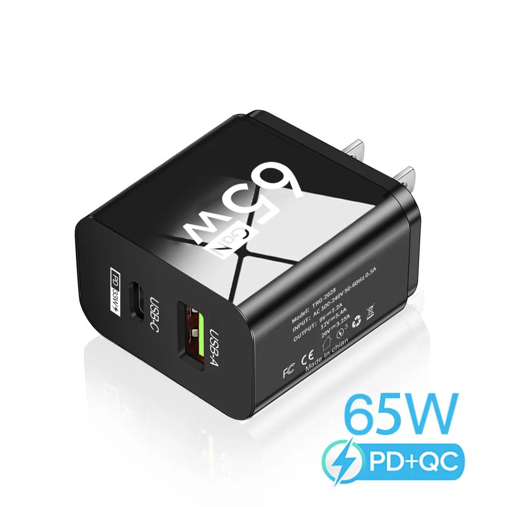 PD 65W GaN Type C USB Mobile Phone Charger Fast Charging Power Adapter For iPhone Samsung Hawei Xiaomi Quick Charge Wall Charger