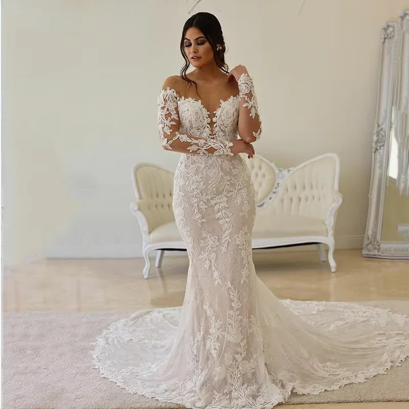 Charming Sheer O-neck Mermaid Wedding Dresses Long Sleeves Appliques Backless Bridal Gown vestido de novia Custom Size