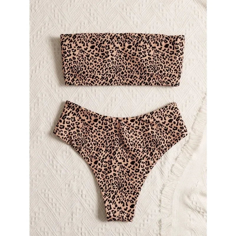 2026 new summer beach leopard print tube top high waist bikini suit suitable for beach swimmingovs