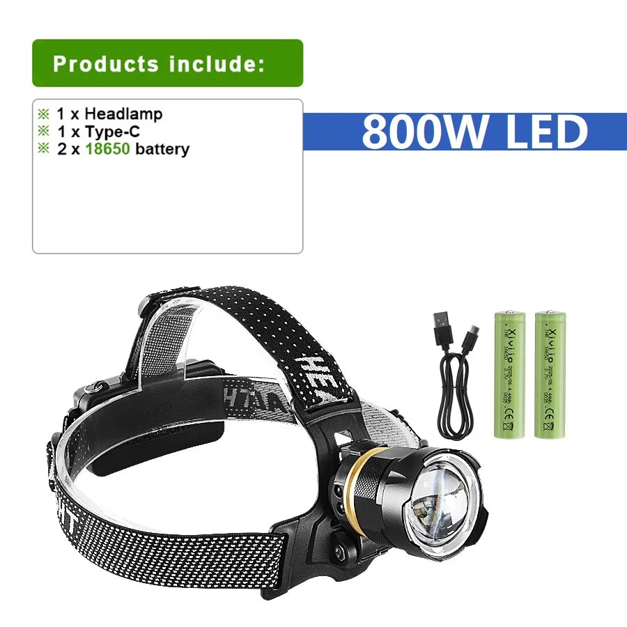 18000000LM  XHP360 Headlamp High Power Front Lantern Rechargeable Headlight 18650 Head Flashlight Camping Fishing Head Lantern