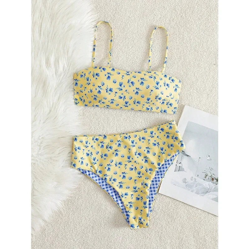 Summer double-sided printed floral asymmetrical strap swimsuit set for summer holiday beach getawaysdv