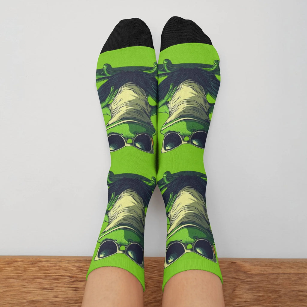 Eye-Catching Frog Socks Neon Green with Cool Sunglasses Print Funny Comfortable Crew Socks Novelty Gift for Teens Adults