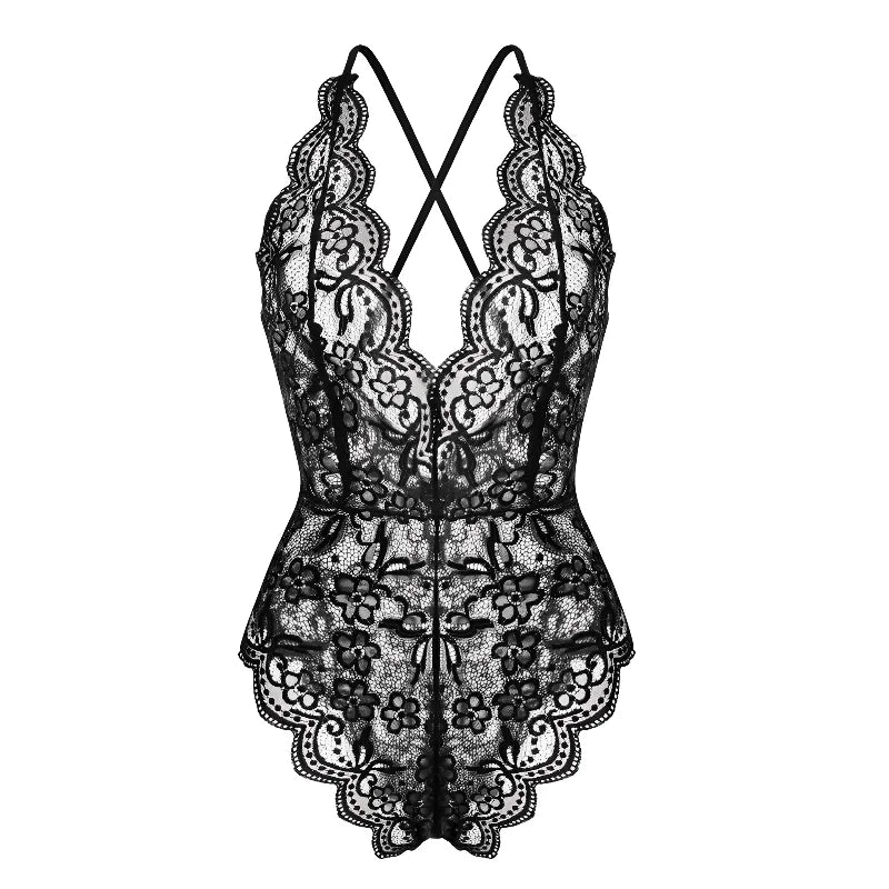 Women Sexy Underwear Set Lace Fishnet Bodysuit Lingerie Floral Perspective Sleepwear Transparent One-Piece Bra Sets Deep V