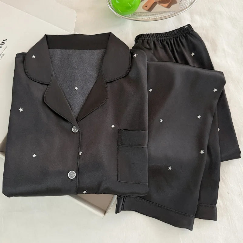 Fashionable Simple Star Black Ice Silk Pajamas for Women Spring and Autumn Long Sleeved Loose and High-End Sleepwea Homewear