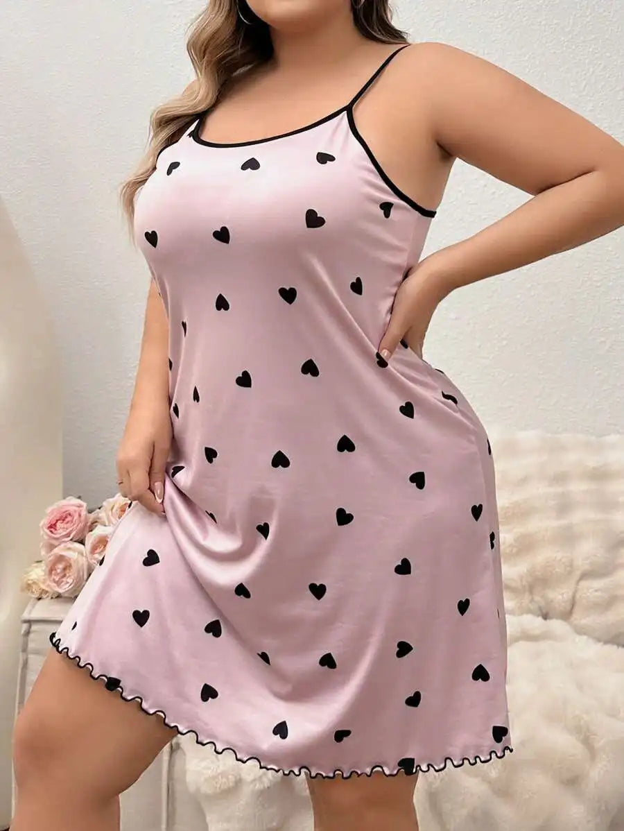 Plus Size Pink Heart Print Camisole Nightgown with Black Trim and Ruffled Hem