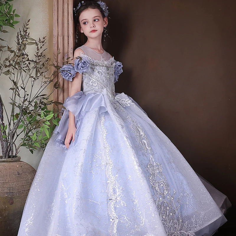 Jill Wish J200 Blue Princess Dress for Girls Off Shoulder Beaded Luxury Children Formal Gown for Wedding Birthday Party Pageant