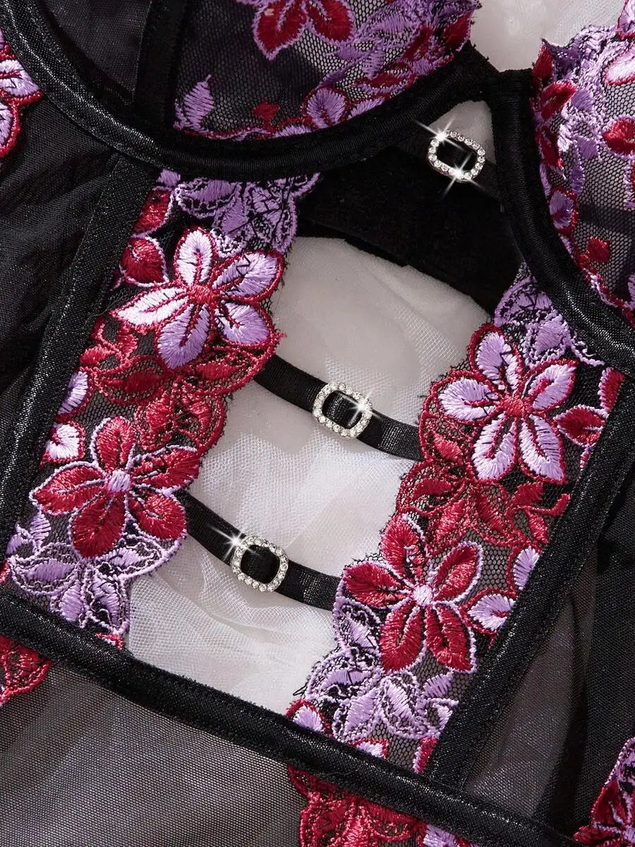 Floral Embroidered Mesh Bodysuit with Sheer Panels and Adjustable Straps
