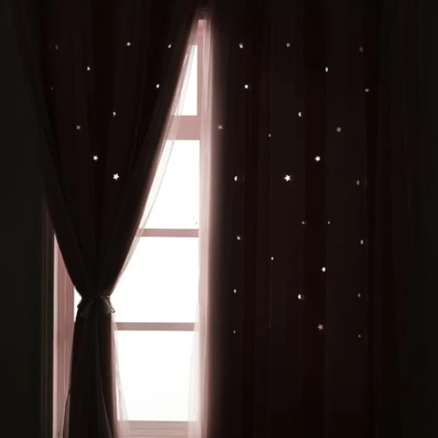Curtains Blackout for Girls Room - Aesthetic Star Cutout Double Layer with White Sheer Overlay, 63 Inch Length 2 Panels Cute Cu