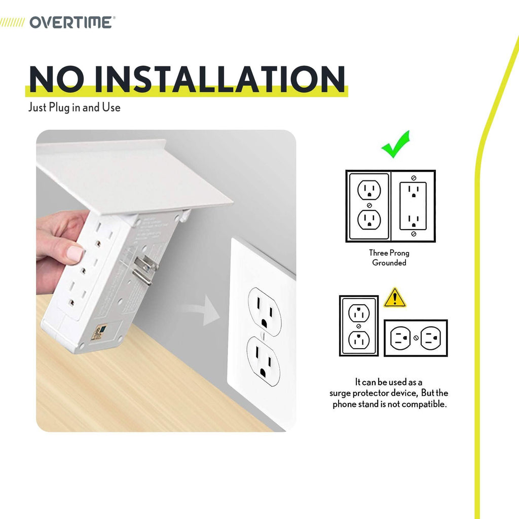 Overtime Outlet Extender with 8 AC and 3 USB Outlets Detachable Shelf Multi-Plug Outlet Extender with Surge Protector